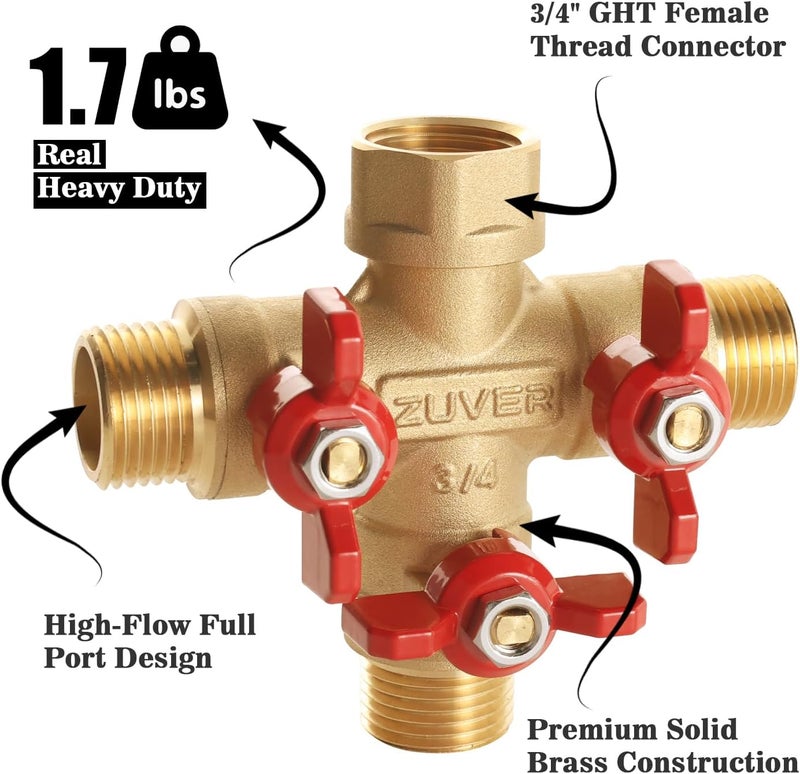 ZUVER Garden Hose Splitter 3-Way Y Valve – Heavy Duty Solid Brass Water Splitter with Aluminum Red Handle, 3/4" GHT Thread, High Flow Tap Splitter for Outdoor Faucet, Lawn, Irrigation, Washing - Image 4